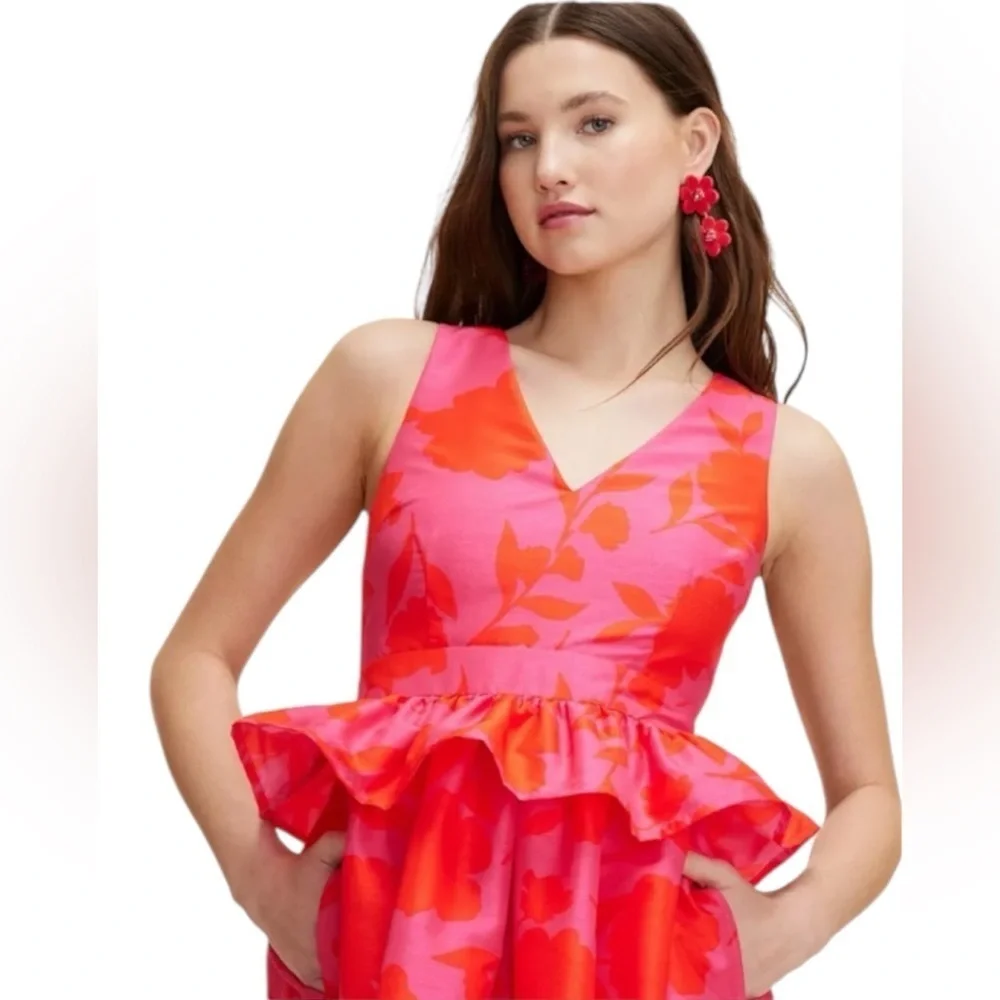 Kate Spade NEW Pink Red Floral Peplum V Neck Midi Dress, Women’s Size 2